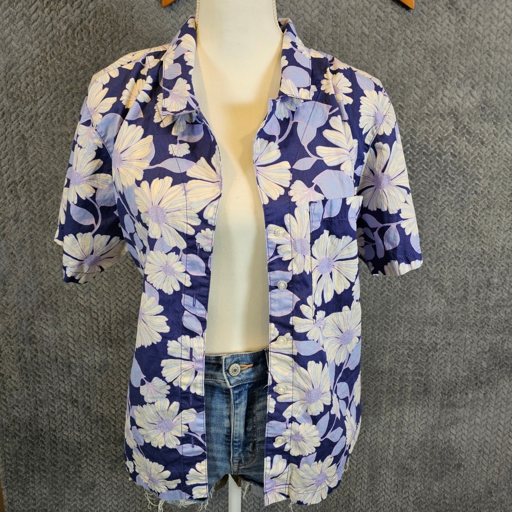GAP Womens XL Purple Floral Cotton Short Sleeve Button Down Camp Shirt 1021